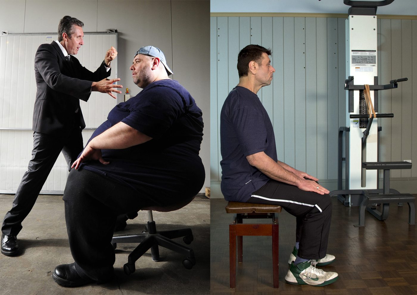 Before and after: Mark working with Jordan in 2012, and Jordan seated after his weight loss