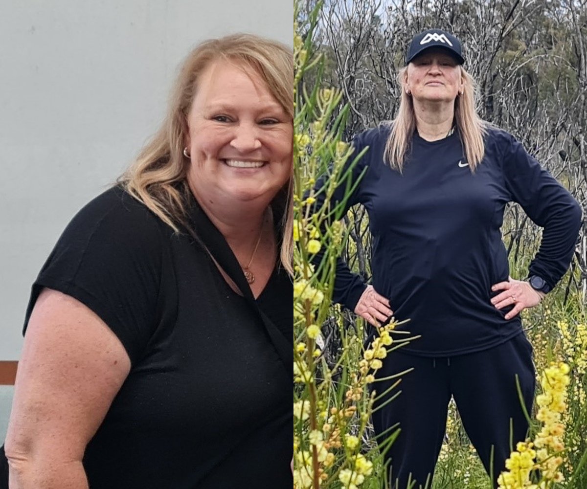 Luana before in a black t-shirt, and after, standing strong in the bush with her hands on her hips